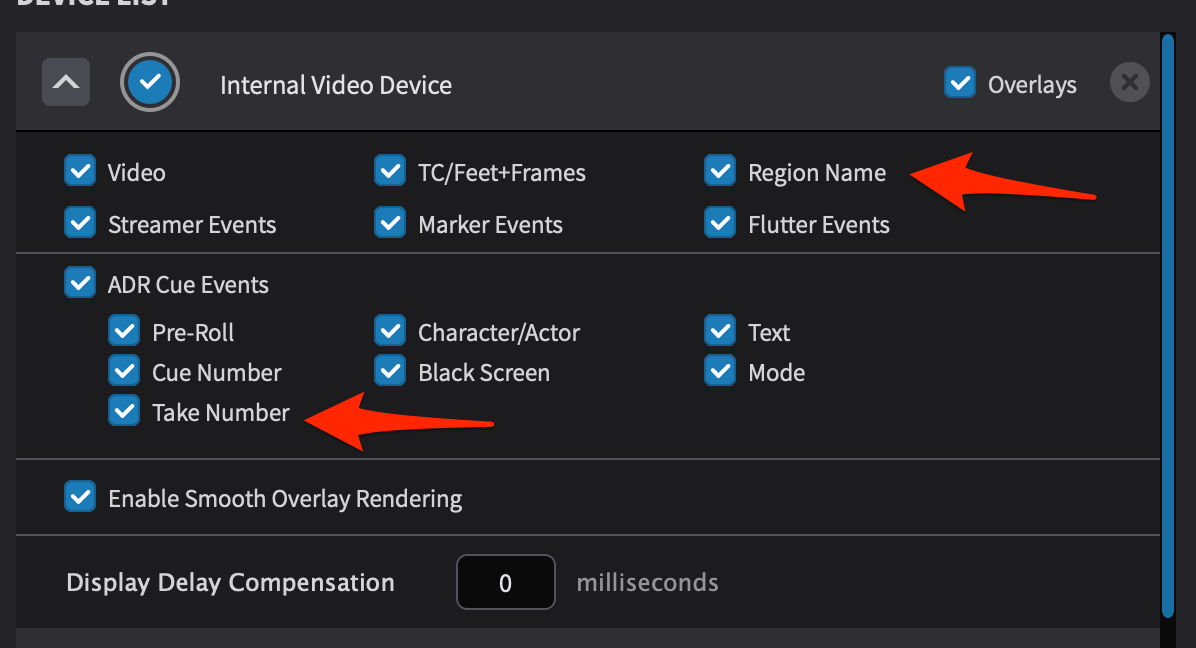 Per-device overlay checkboxes including Region Name in the DISPLAY tab