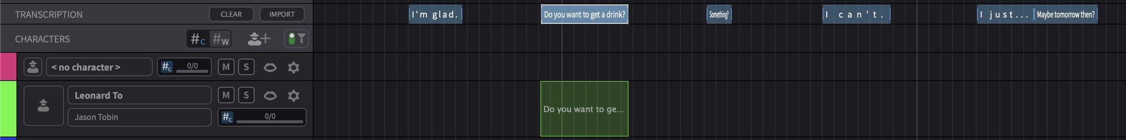 Dragging a transcription segment onto a Character Track with preview rectangle