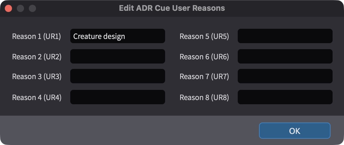 Edit ADR Cue User Reasons window