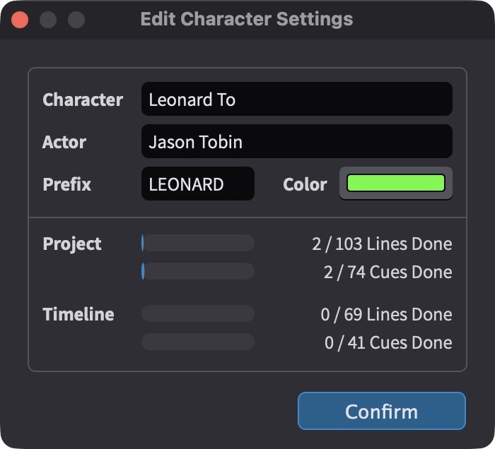 Opening the Edit Character Settings window