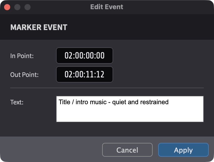Edit Event window - Marker Event