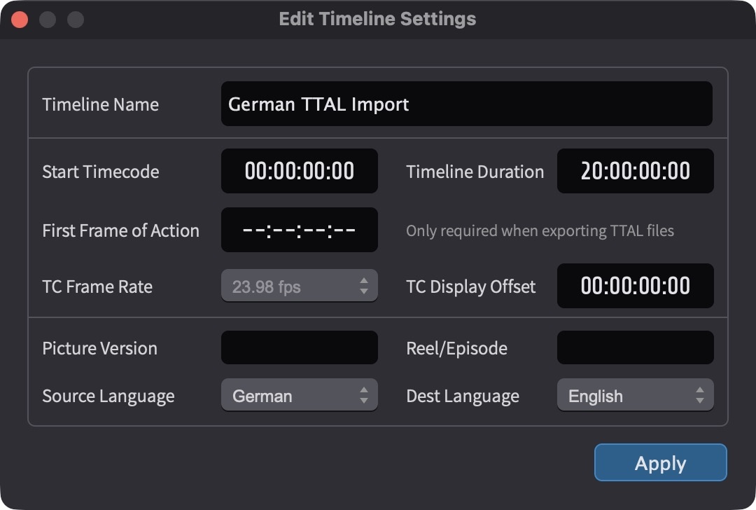 Edit Timeline Settings showing Source Language and Dest Language