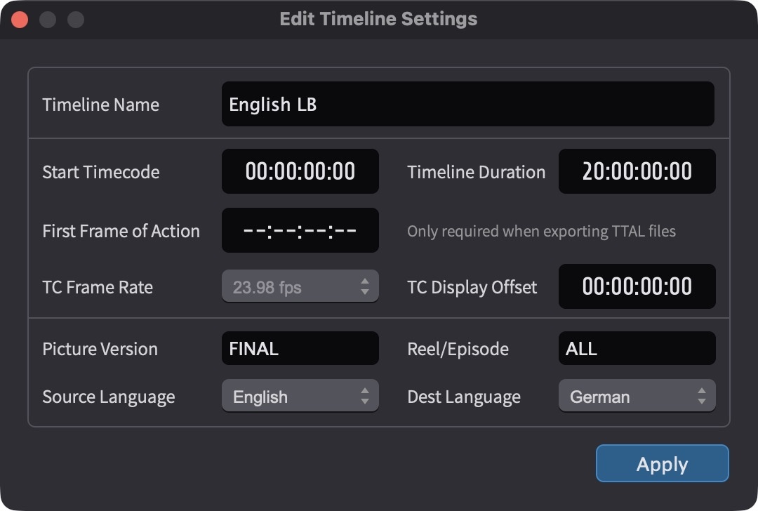 Edit Timeline Settings Window