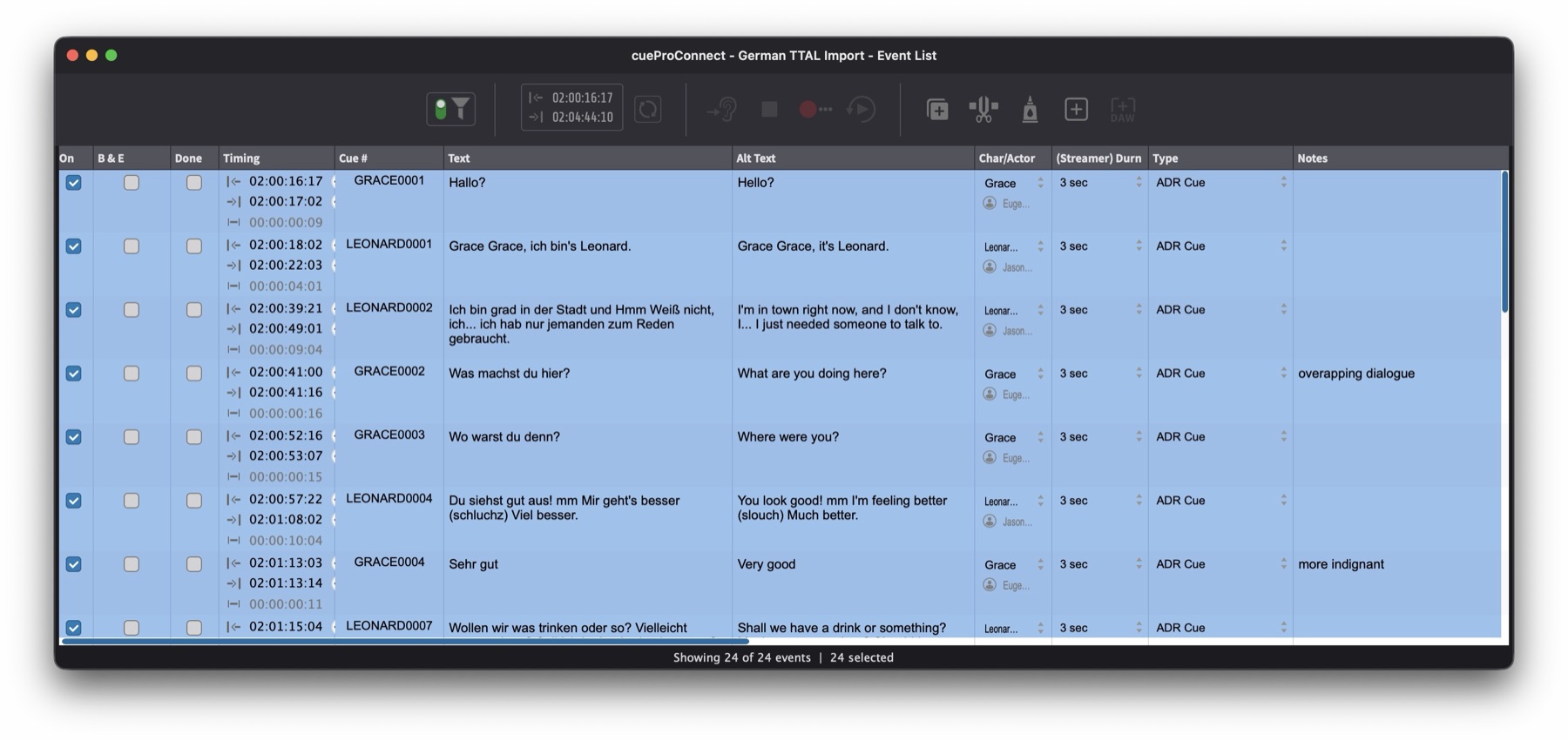 Event List showing Text and Alt Text columns after translation