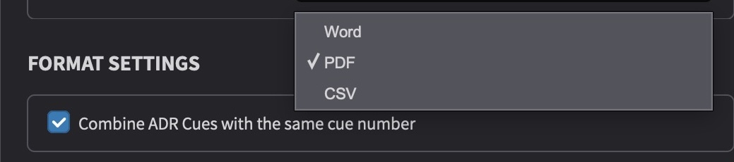 FORMAT SETTINGS dropdown showing Word, PDF, and CSV options