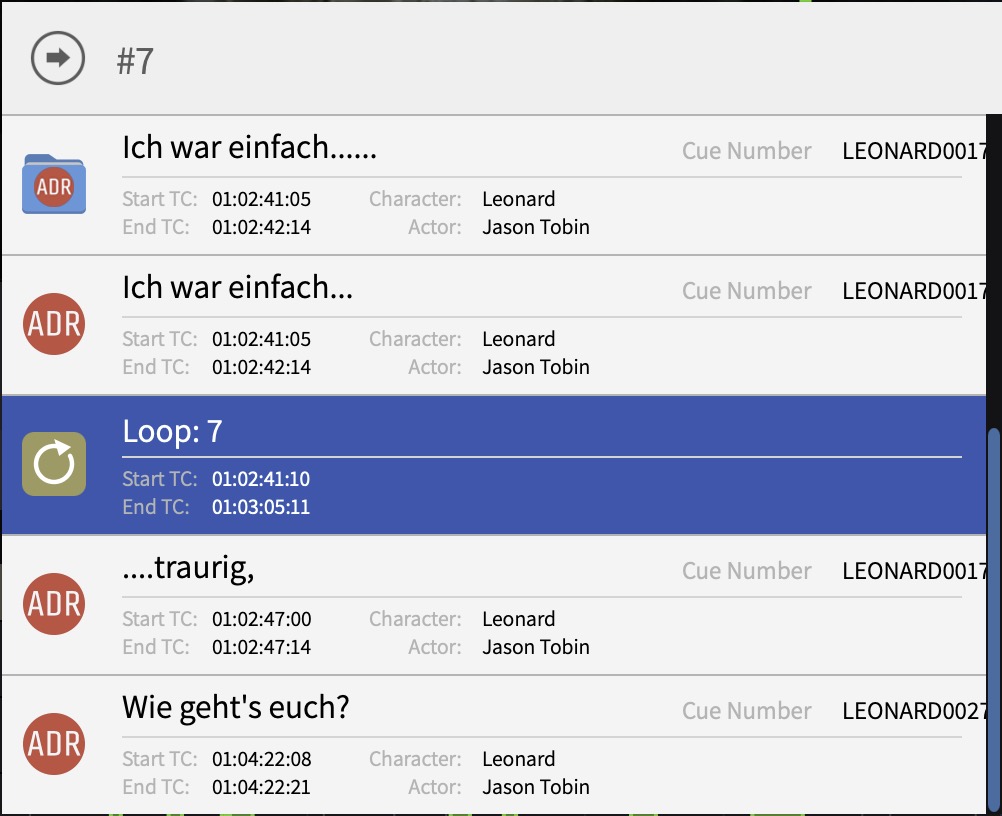 Go To window showing a loop result with colour, ID and timecodes
