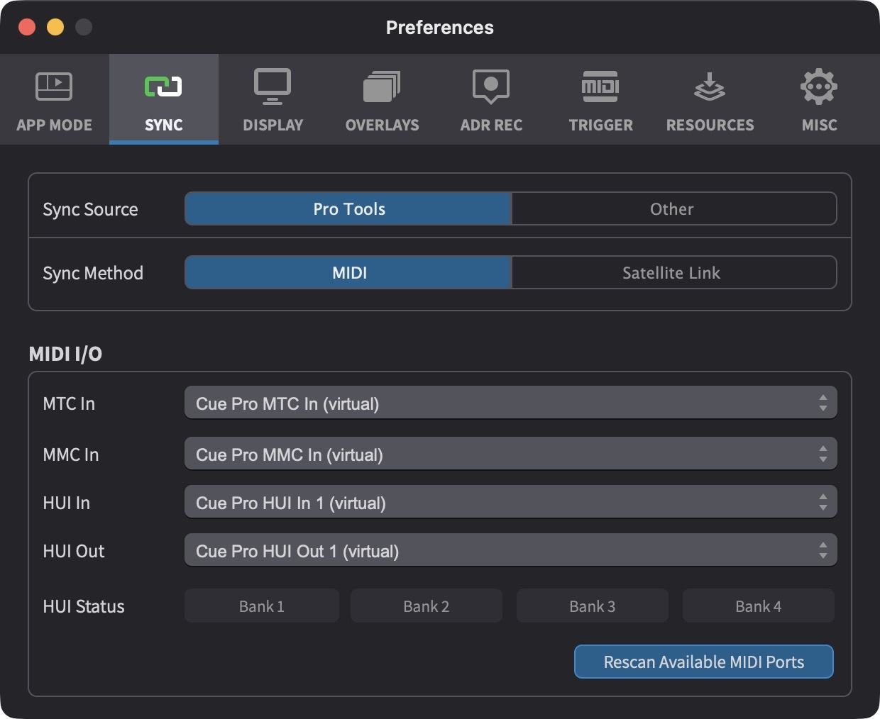Cue Pro HUI I/O Settings