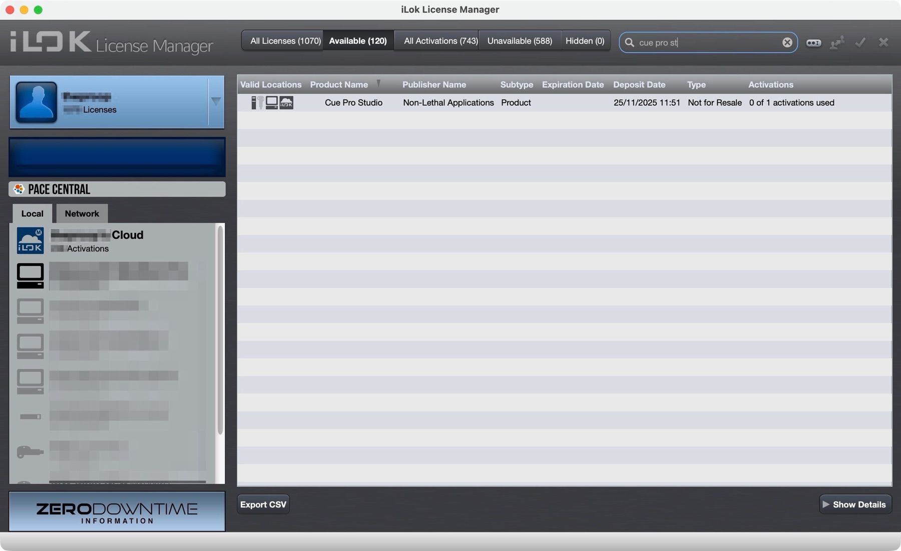iLok License Manager showing the Available tab and license destinations
