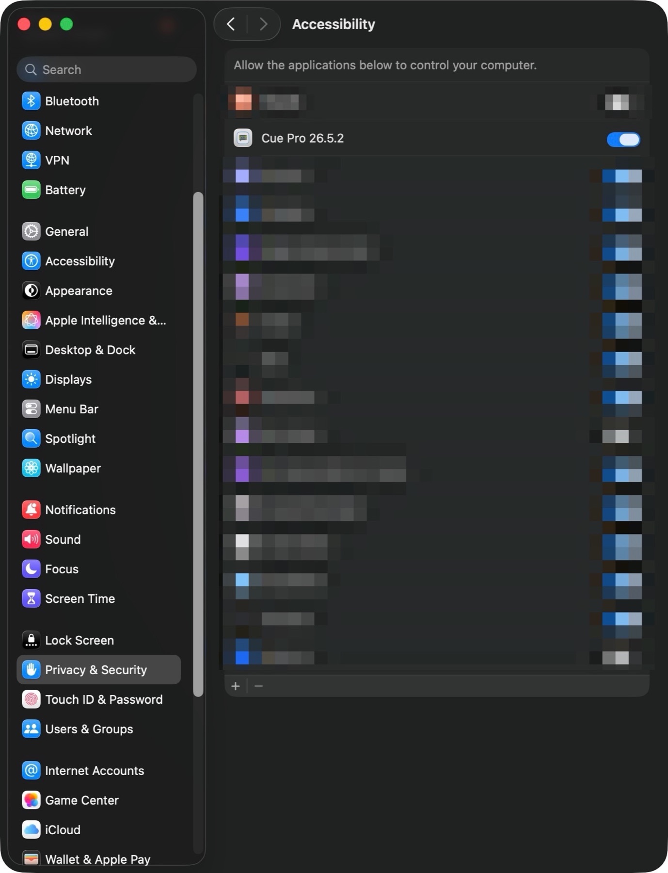 macOS Accessibility settings with Cue Pro enabled