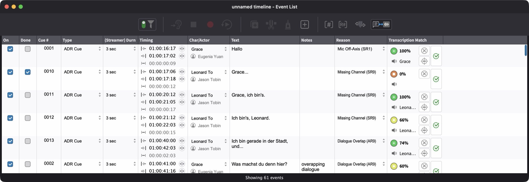 Transcription Match column showing confidence results