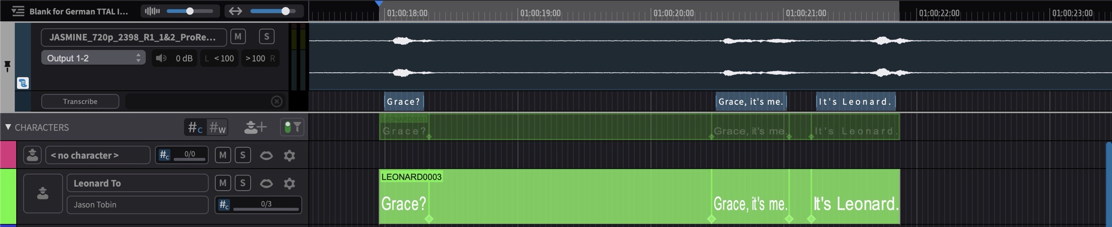 Segments dragged from the transcription lane of an audio track onto a Character Track in Media Mode
