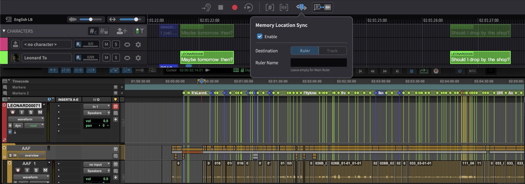Memory Location Sync popover with synced markers visible in Pro Tools