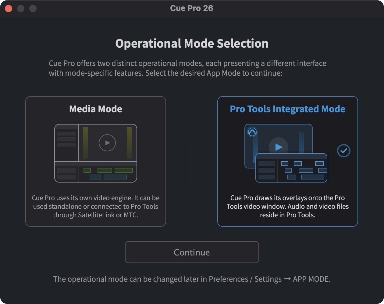 Operational Mode Selection window