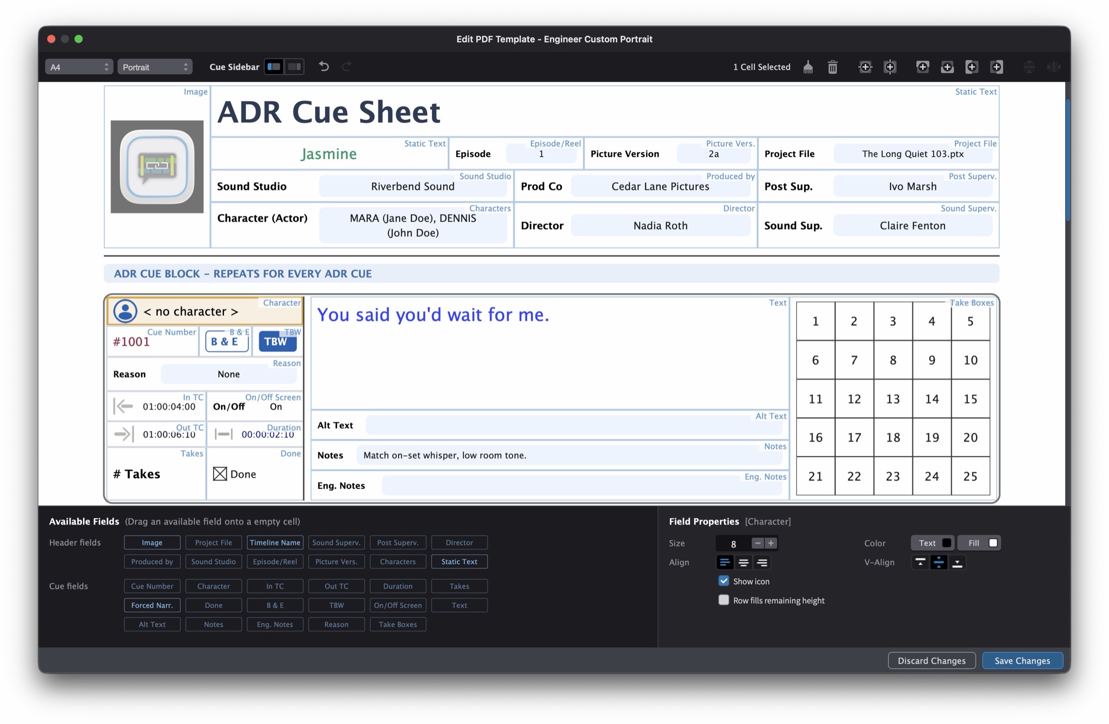 Edit PDF Template window showing the page canvas, Available Fields palette, and Field Properties inspector