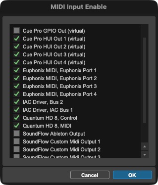 MIDI Input Enable window with Cue Pro HUI ports