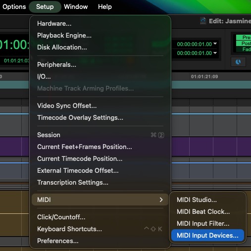 Pro Tools Setup → MIDI → MIDI Input Devices menu
