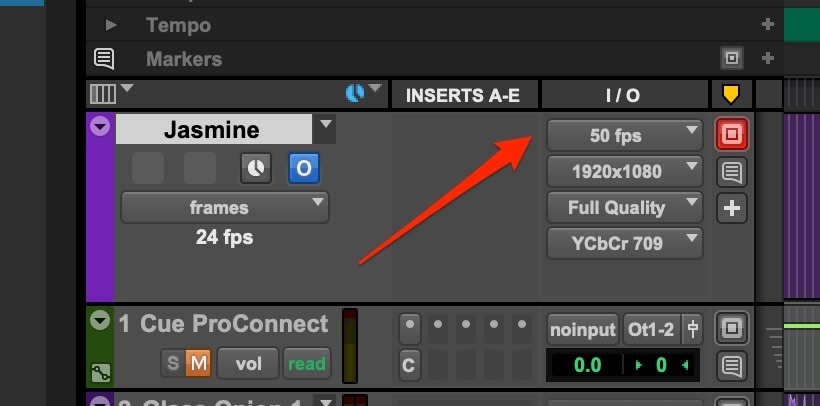 Pro Tools video track frame rate selector
