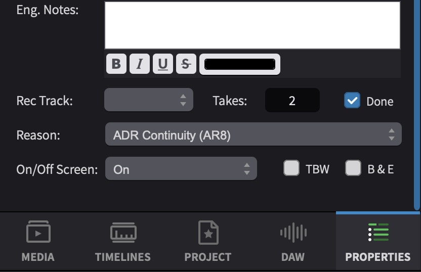 Properties tab - lower fields
