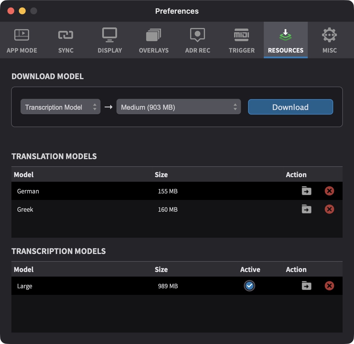 RESOURCES tab showing Translation and Transcription Models