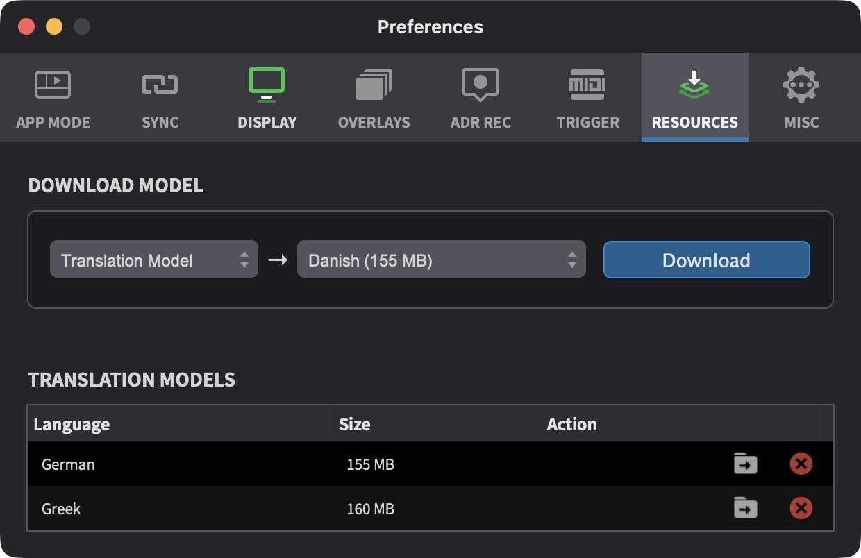 Resources tab showing Translation Models