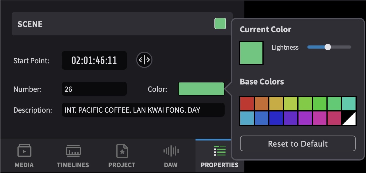 Scene entry properties with colour picker