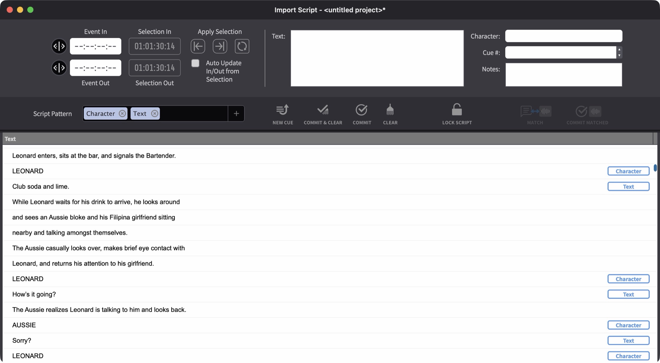 Script Import Window showing automatic script slicing with role labels assigned to each line