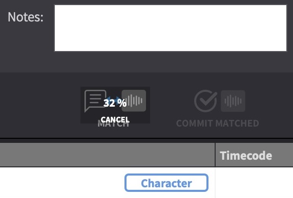 Match Script button showing progress during a match pass, with Commit Matched alongside