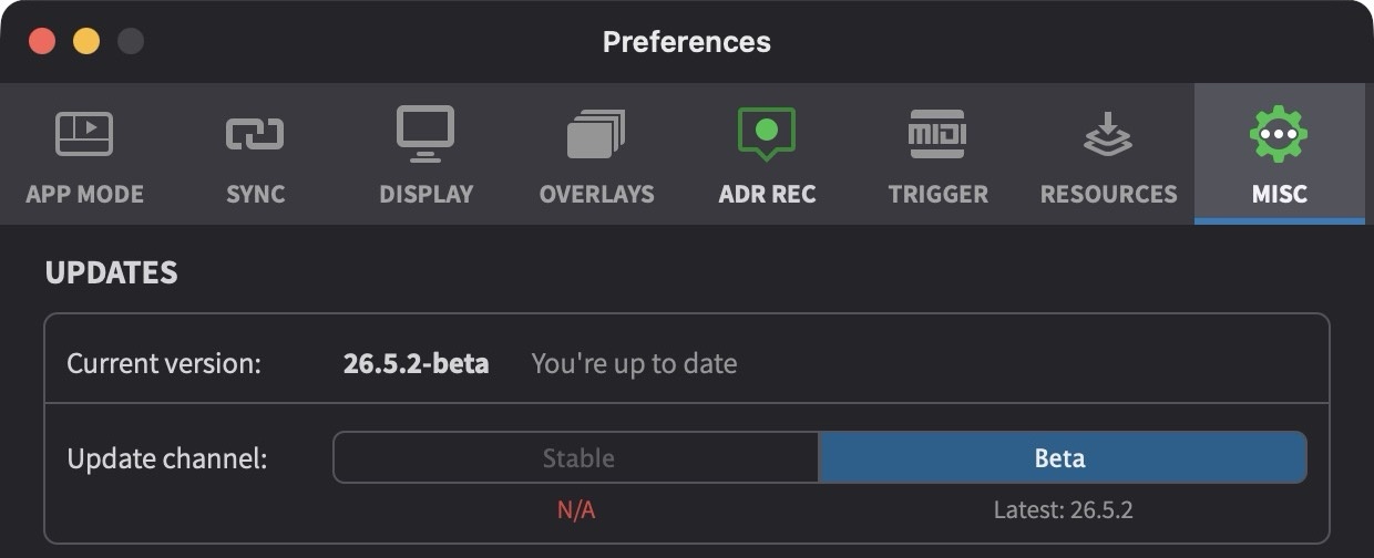 Software Updates settings in MISC tab