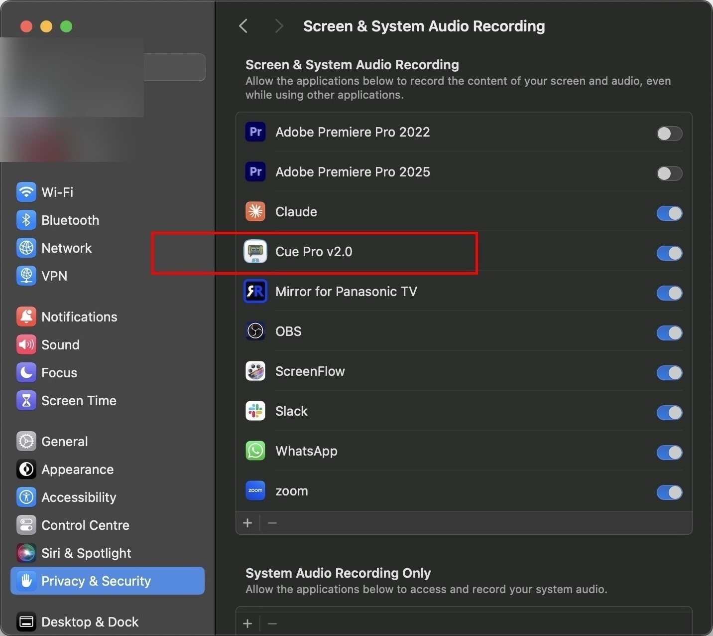 System Settings - Screen & System Audio Recording with Cue Pro enabled
