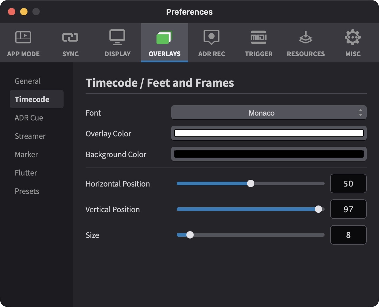 Timecode Overlay Preferences