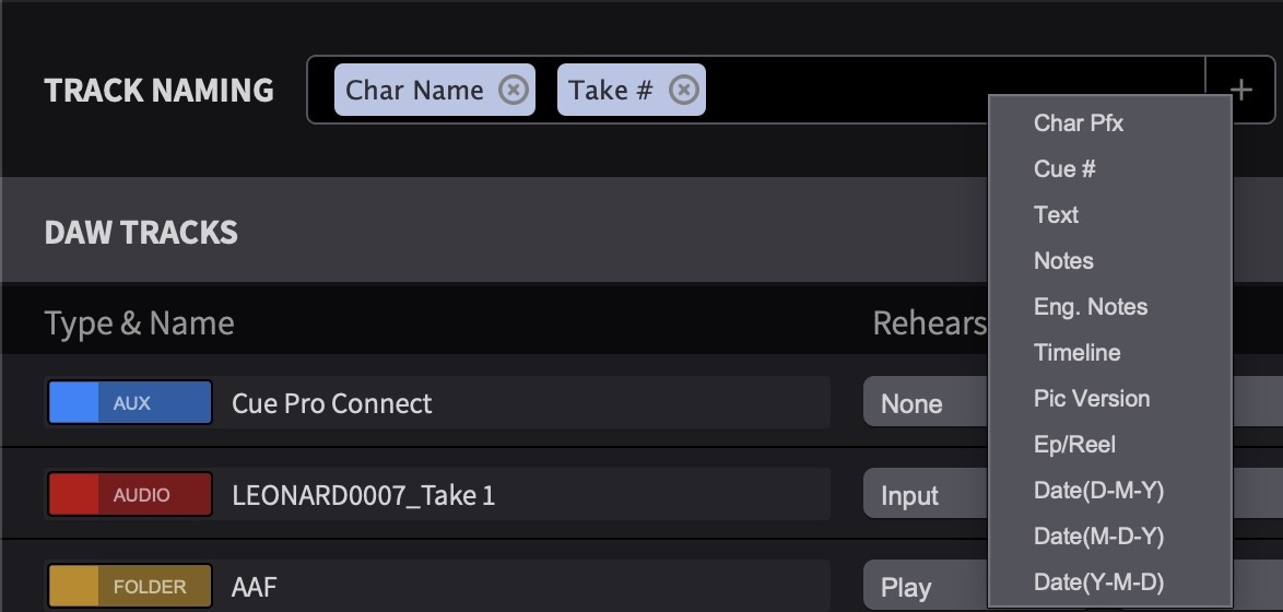 Track Naming field with placeholder tags and + menu