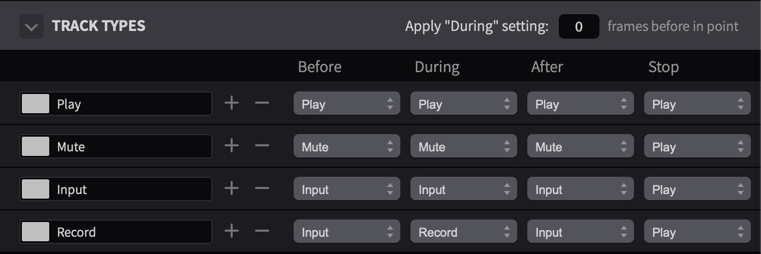 Track Types section with Before/During/After/Stop columns