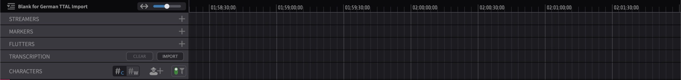 TRANSCRIPTION track in the Visual Events section with IMPORT and CLEAR buttons on the track header