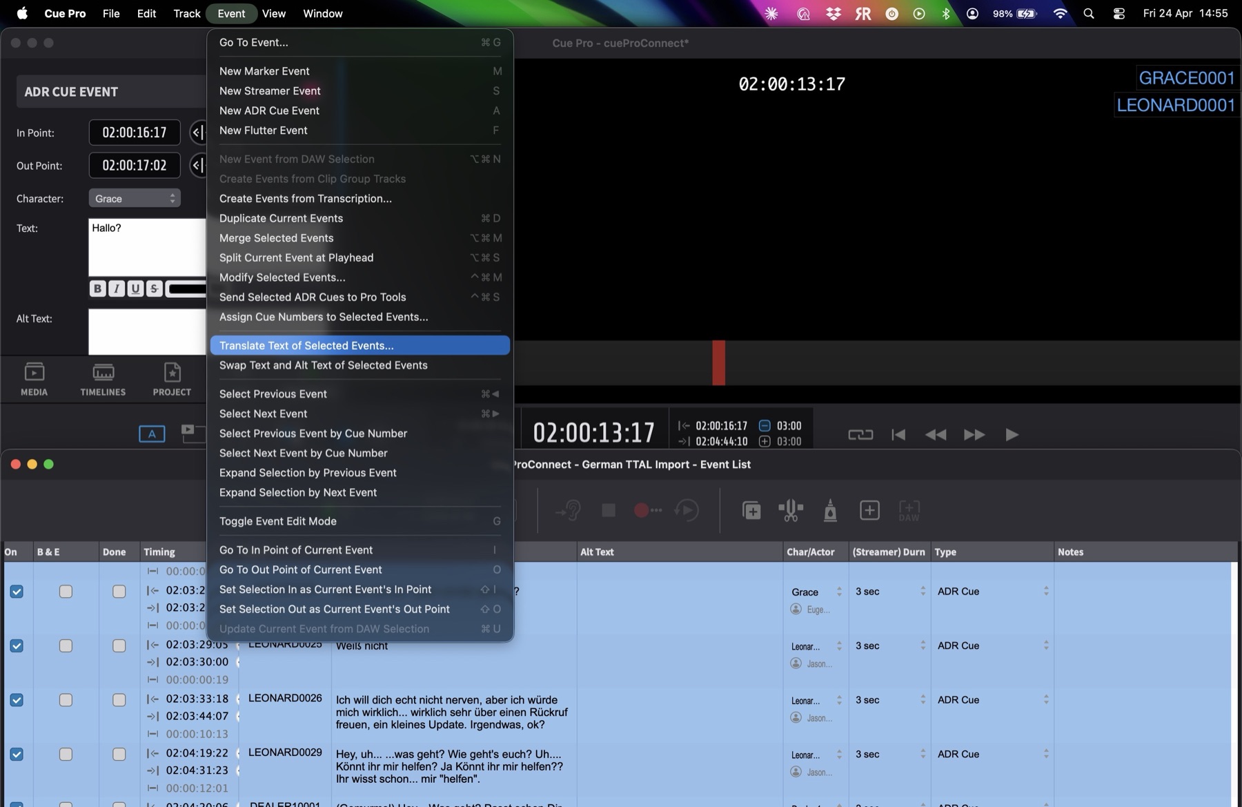 Translate Text of Selected Events command in the Event menu
