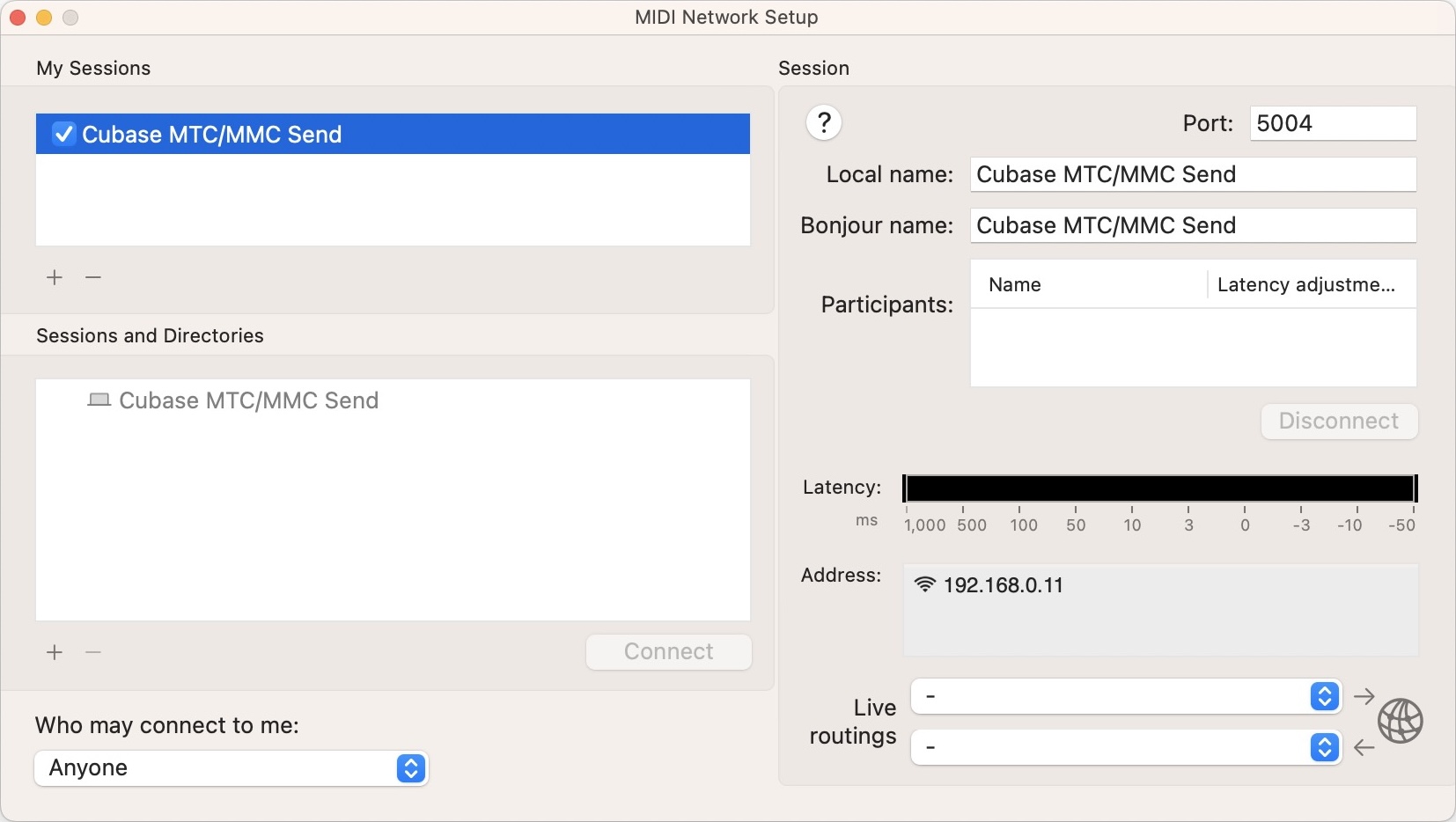 MIDI Network Setup - Send Session created