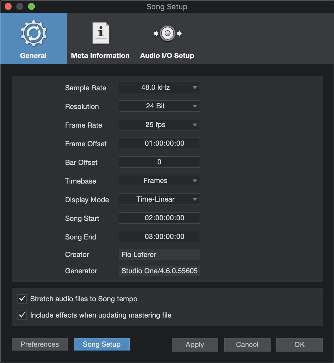 Studio One Song Setup Window