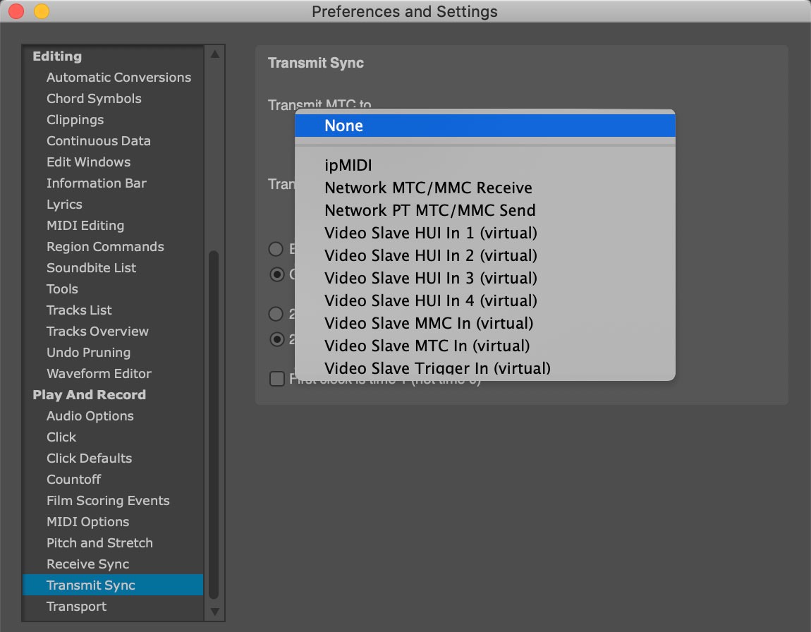 Digital Performer Transmit Sync settings