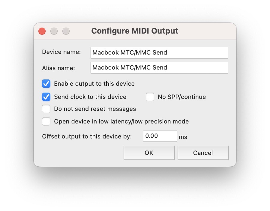 Configure MIDI Output window