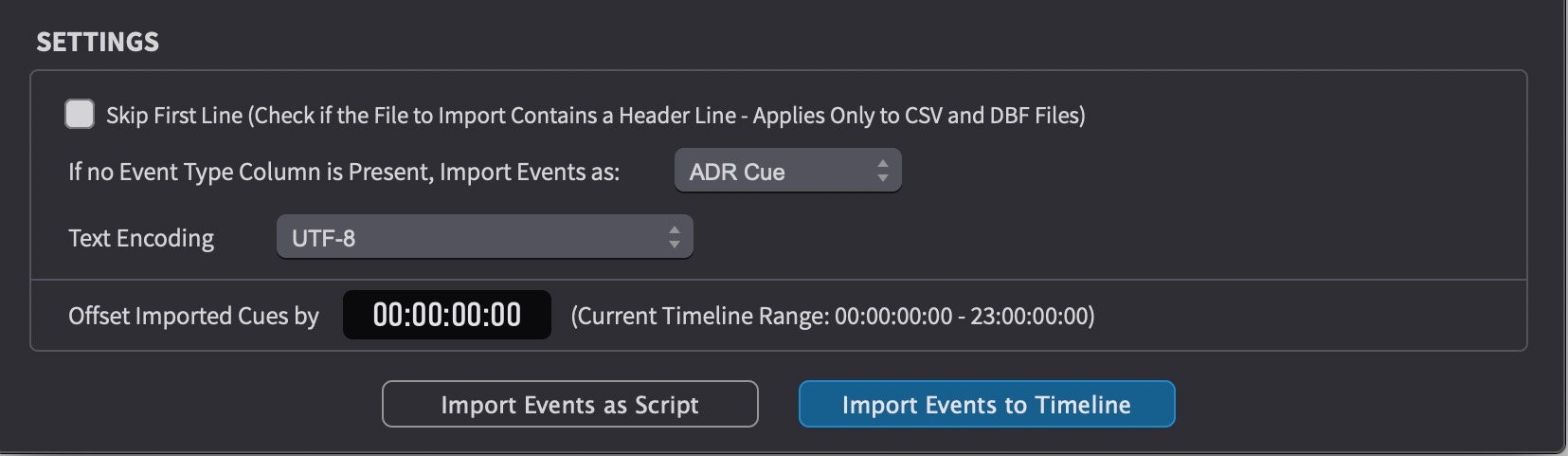 Import Visual Events - settings section