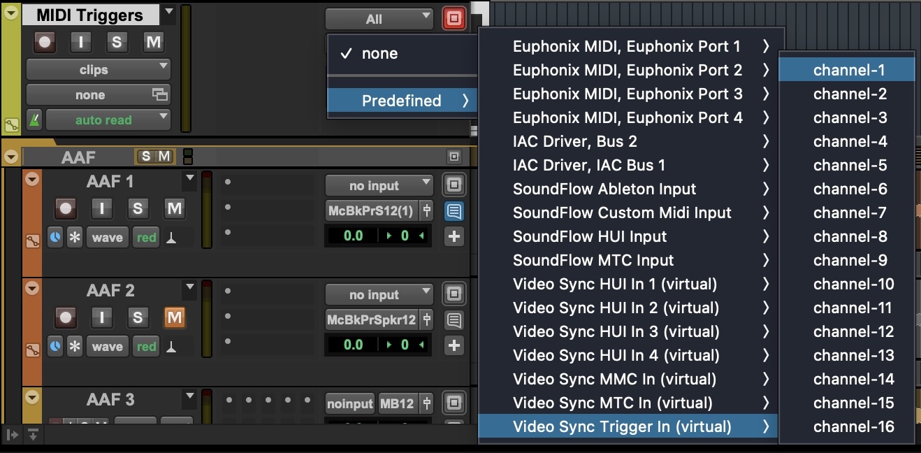 Pro Tools MIDI track output selector - Video Sync Trigger In