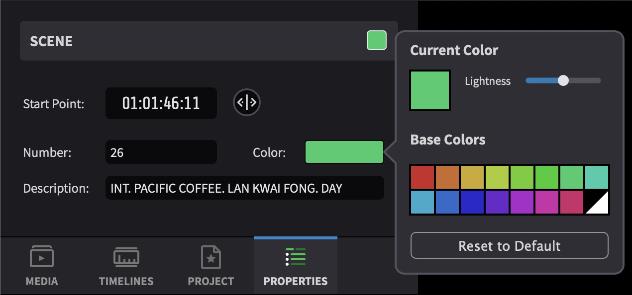 Scene entry properties with colour picker