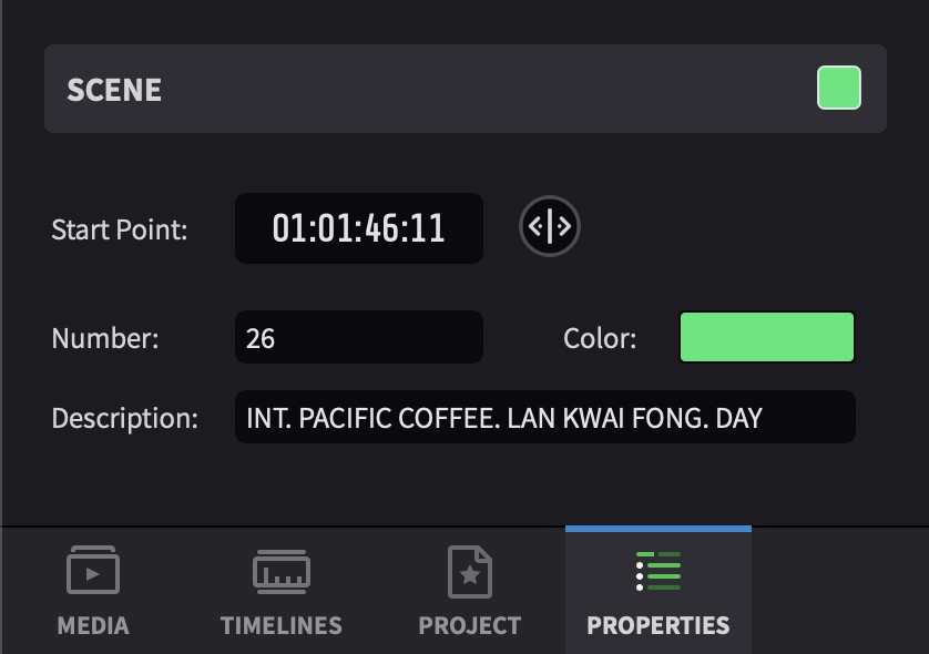 Properties tab showing scene entry fields