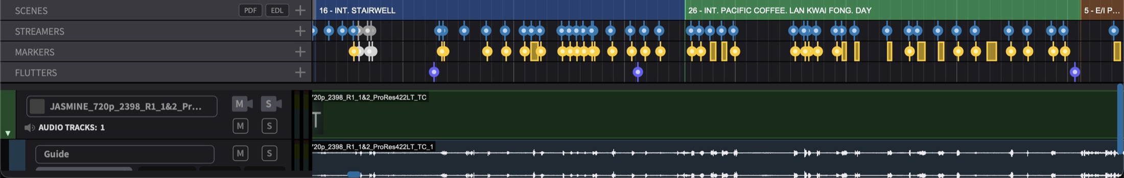SCENES track showing scene entries with numbers, descriptions, and colours