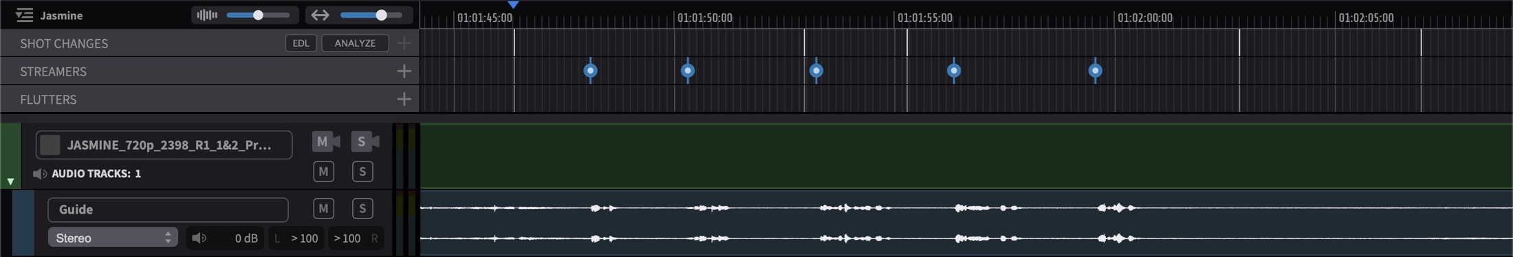Shot Change Track showing detected shot changes as vertical lines across all tracks