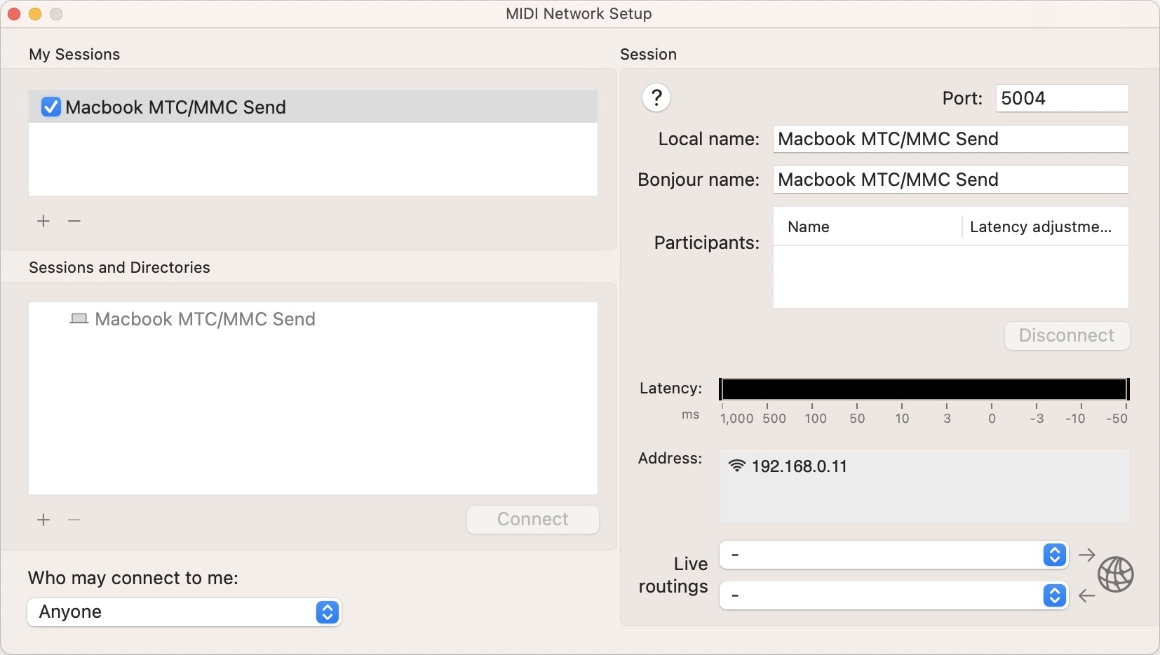 MIDI Network Setup - Send Session created