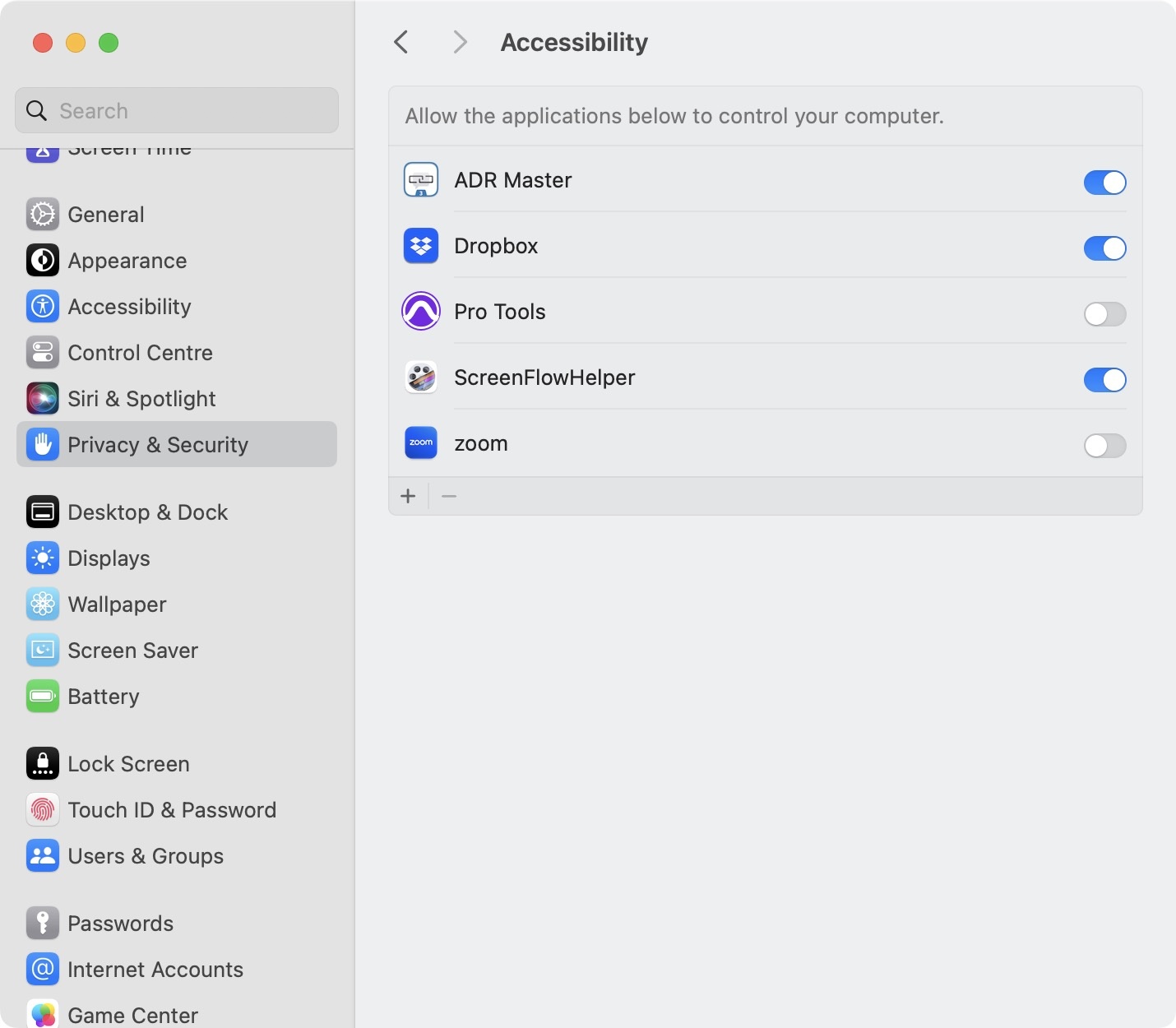 Security & Privacy → Accessibility - Sonoma