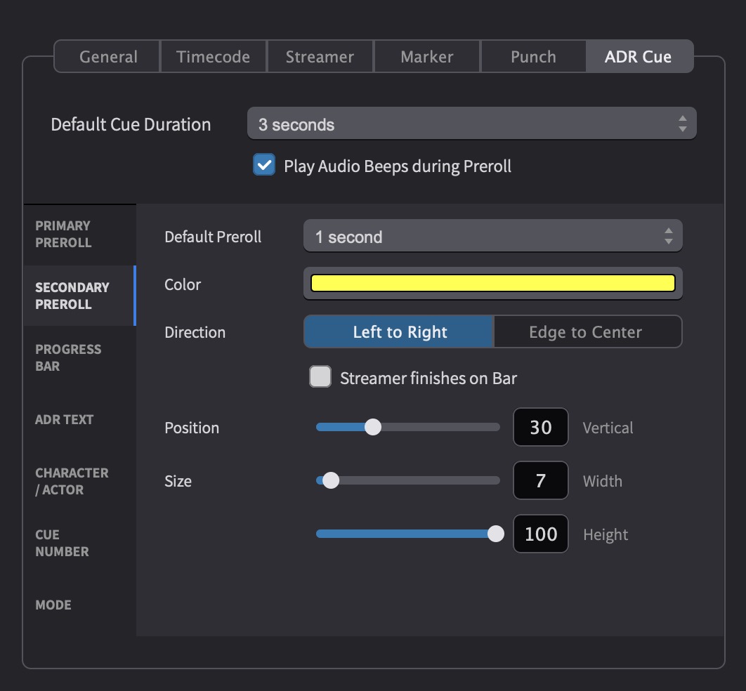 ADR Cue Secondary Pre-roll Overlay Settings