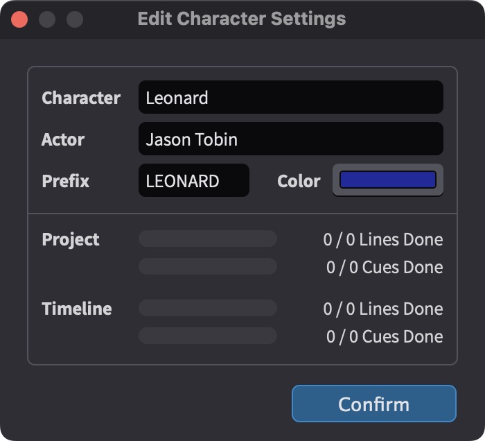 Edit Character Settings Window