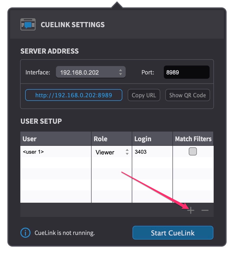CueLink - Settings Add New User Button
