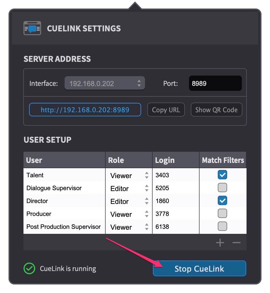CueLink - SETTINGS - Starting CueLink